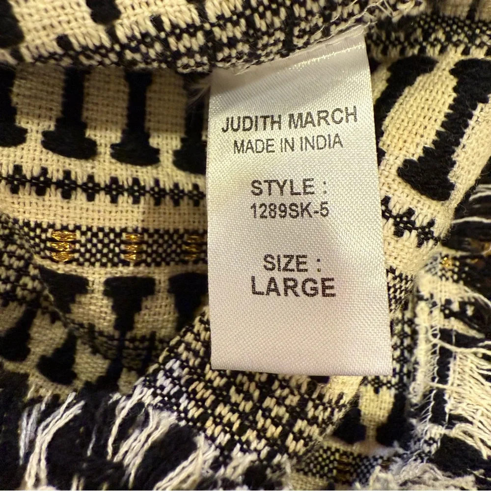 Judith March Women’s Textured Black Gold Cream Tapestry Faux Wrap Mini Skirt L